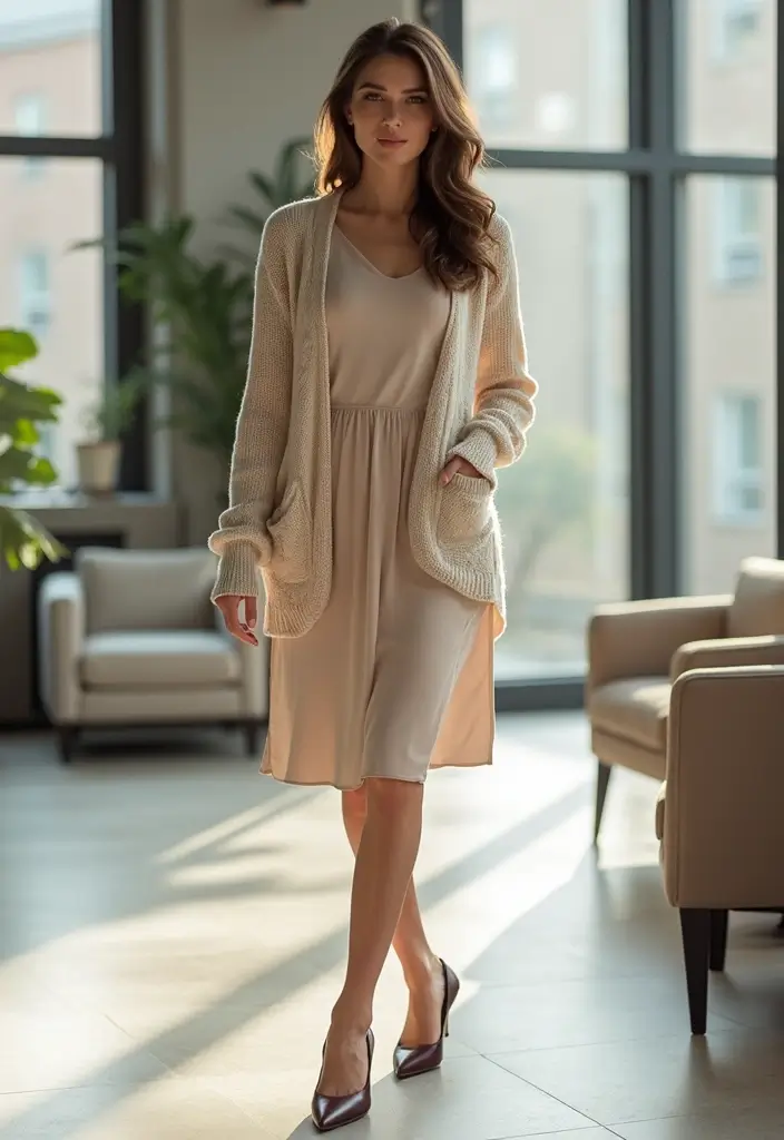 21 Stylish Business Casual Looks for Women That Will Turn Heads at Work! - 16. The Timeless Cardigan and Dress