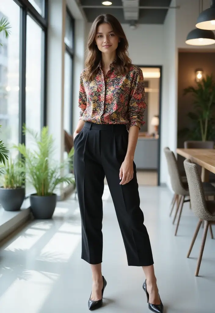 21 Stylish Business Casual Looks for Women That Will Turn Heads at Work! - 17. The Eye-Catching Print Blouse