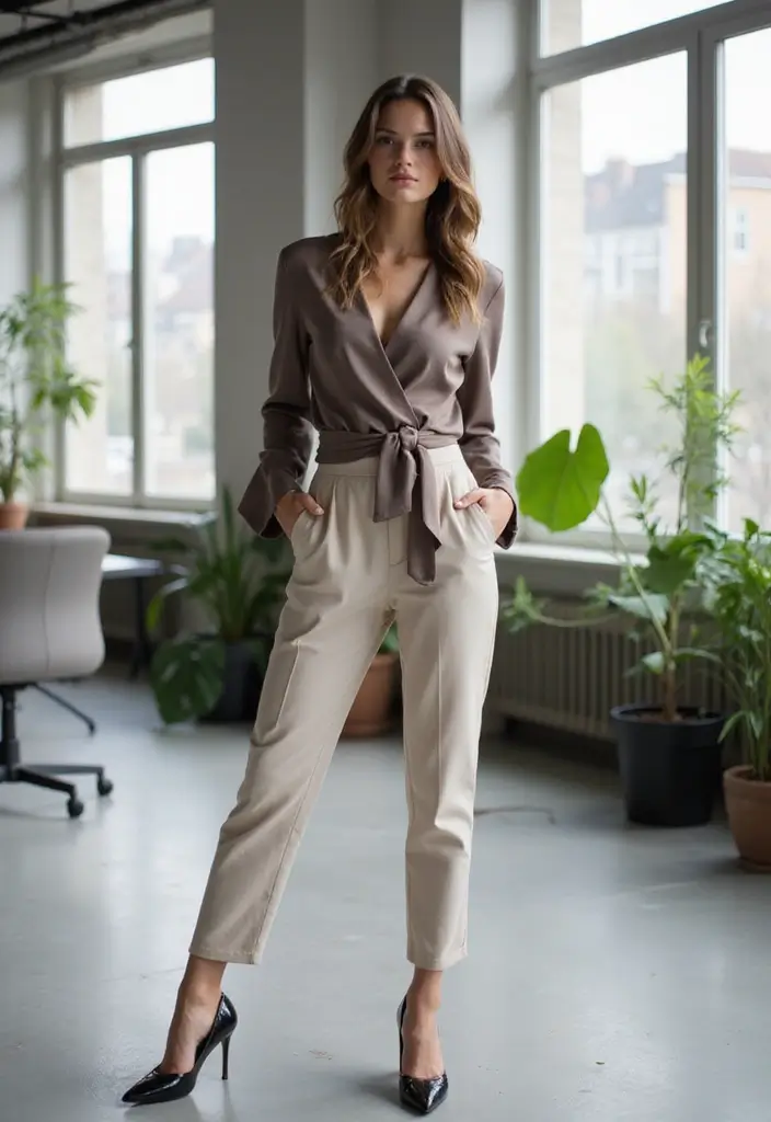 21 Stylish Business Casual Looks for Women That Will Turn Heads at Work! - 9. The Sophisticated Wrap Top
