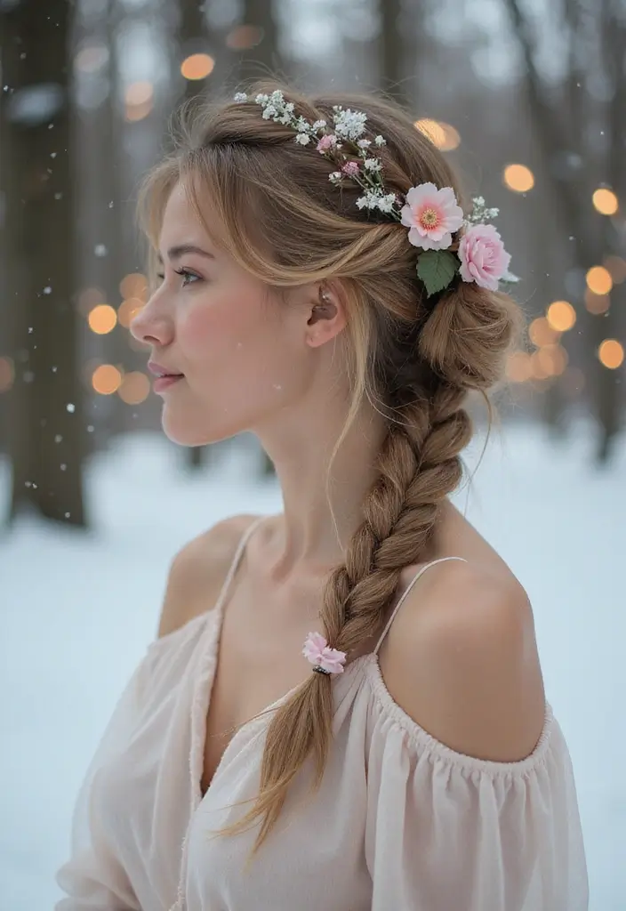 18 Cozy Braid Looks for Winter That Are Effortlessly Gorgeous! - 17. Romantic Braid with Flowers