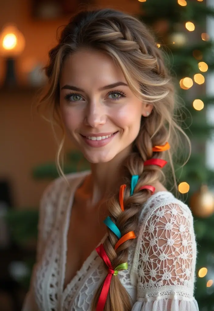 18 Cozy Braid Looks for Winter That Are Effortlessly Gorgeous! - 6. Holiday Inspired Braid with Ribbons
