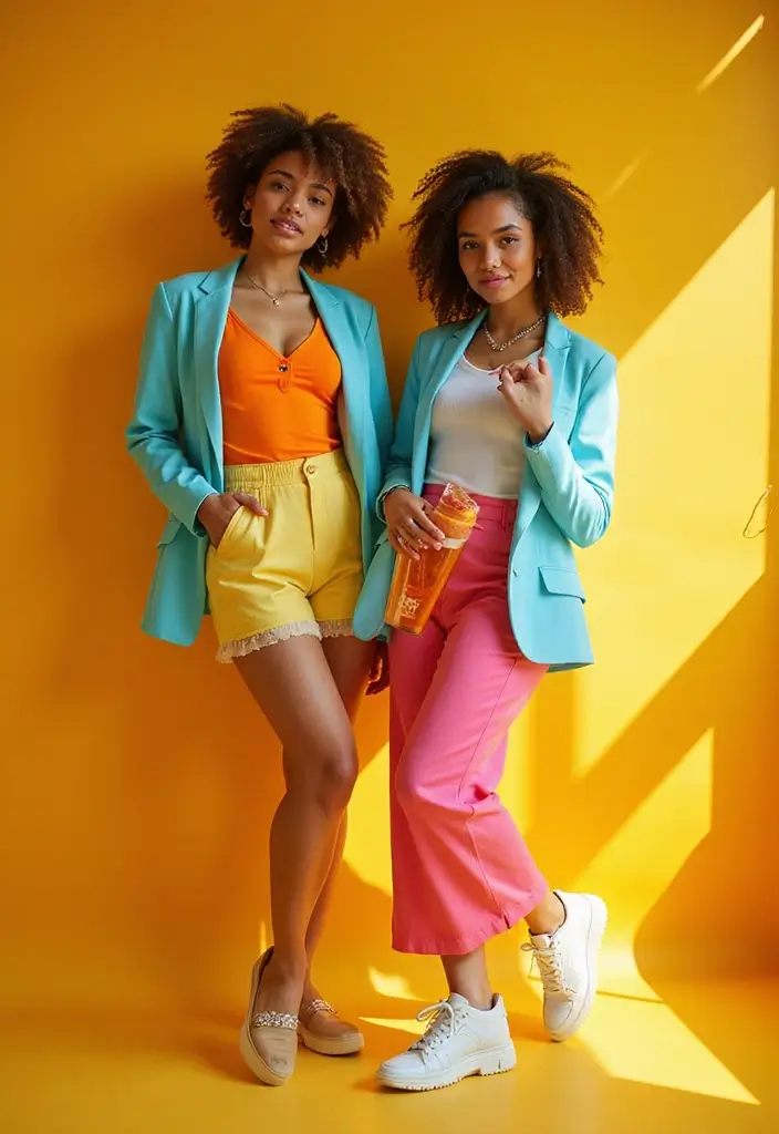20 Trendy Casual Outfits for Couples That Will Turn Heads Everywhere You Go! - 15. Playful Color Blocking